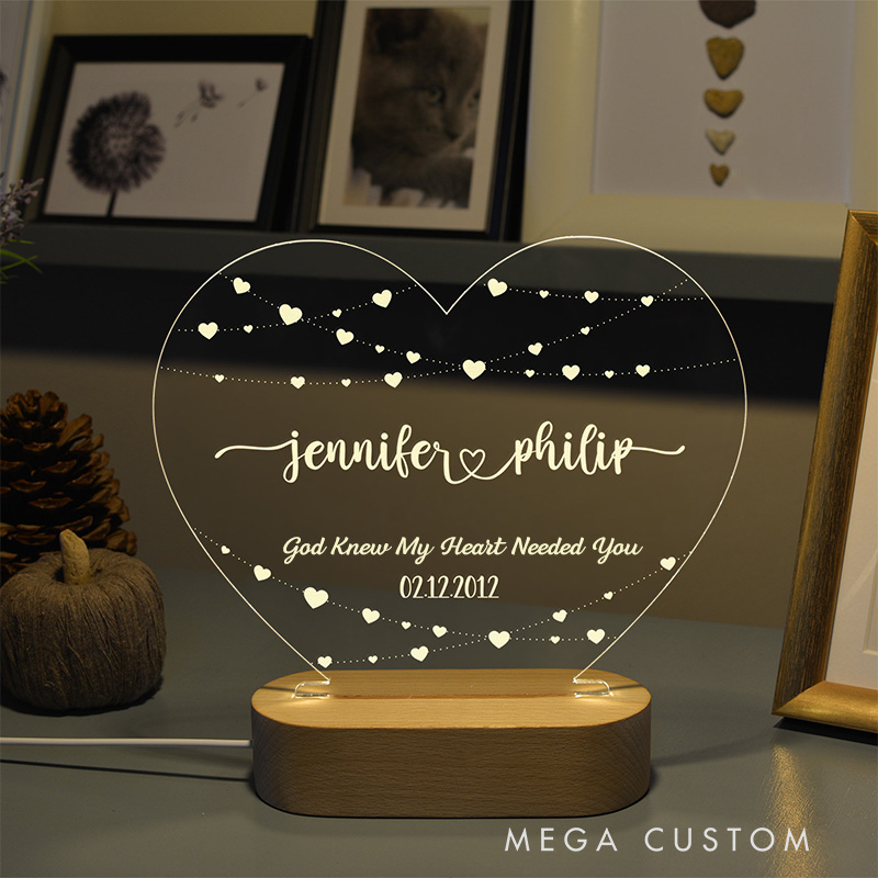 Personalized God Knew My Heart Needed You LED Night Light with Name & Date Heart Shaped Lamp Valentines Day Gift Anniversary Gift for Couple