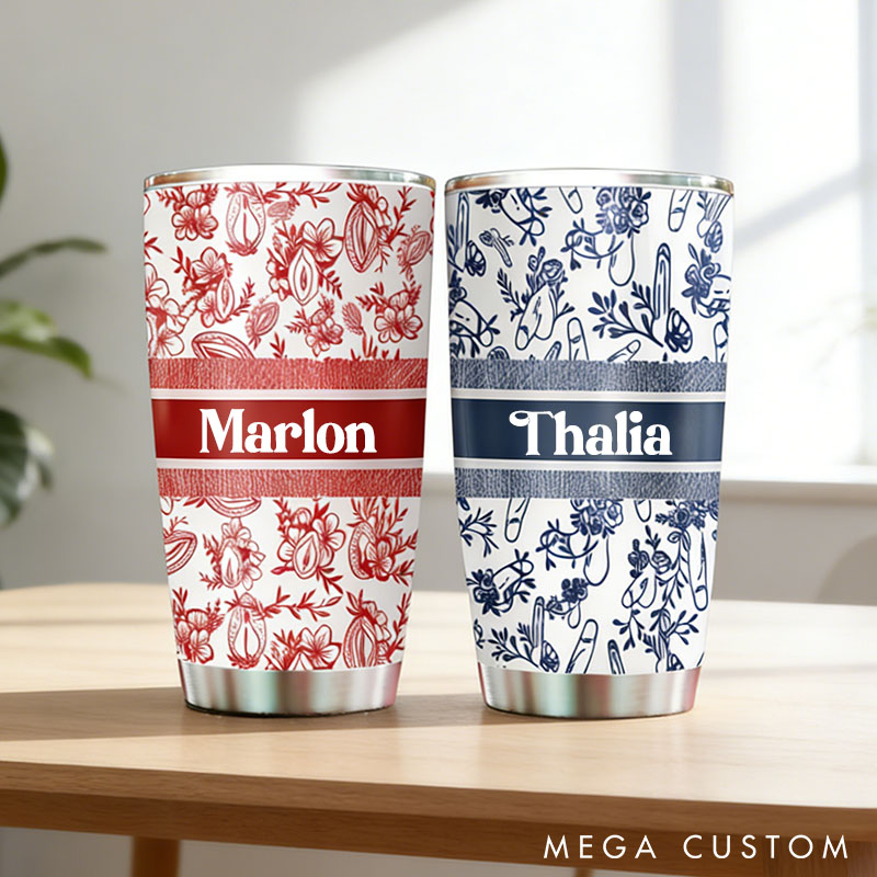 Personalized Couple Funny Toile De Jouy Genitals Pattern 20oz Tumbler Custom Couple Tumbler with Name Valentines Day Anniversary Gift for Him Her