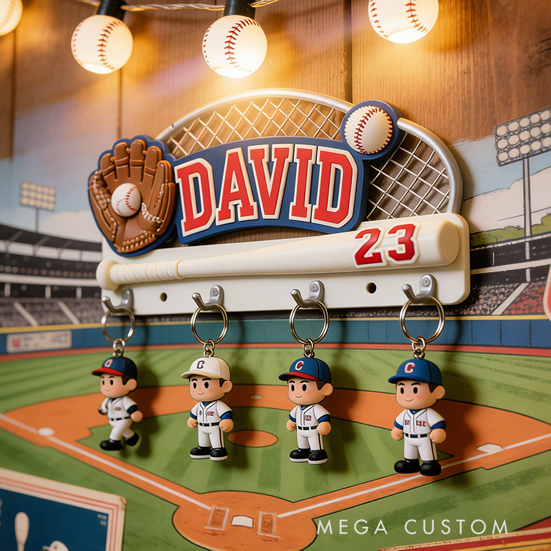 Personalized Custom Baseball Theme Key Holder - 3D Printed Personalized Name & Number Hook Rack, Sports Decor for Kids’ Room, Baseball Fan Gift 