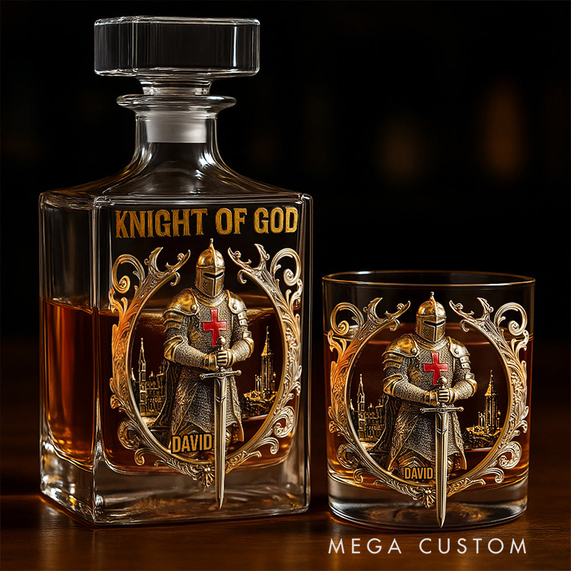 Personalized Knight of God Whiskey Decanter Set with Name Whiskey Glass Whiskey Bottle Religious Gift Christian Gift for Men