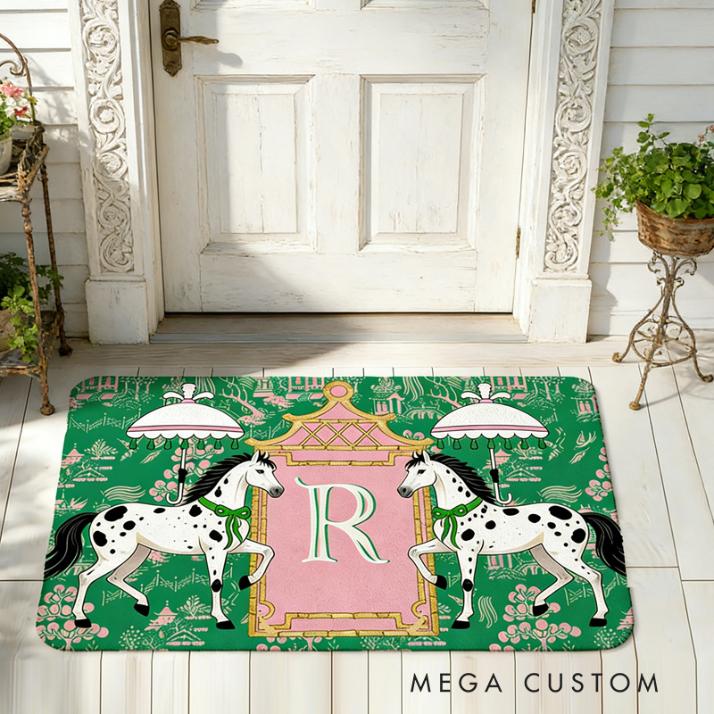 Personalized Horses Pagoda Chinoiserie Non Slip Door Mat with Initial Entryway Home Decor Housewarming Gift for Family for Riding Lovers Equestrian Lovers