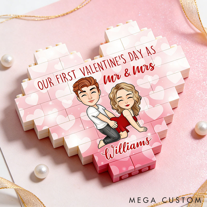 Personalized Valentine's Couple Heart Building Block Puzzle Custom Cartoon Couple Heart Plaque Valentine's Day Anniversary Gift for Couple