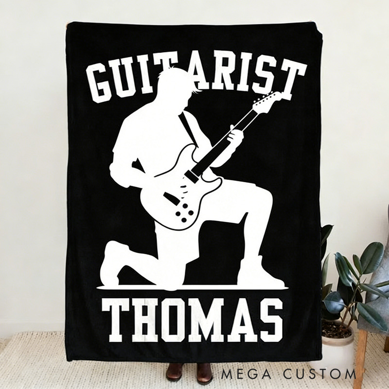 Personalized Silhouette Guitarist Soft Throw Blanket with Name Perfect for Guitar Lovers Music Enthusiasts Birthday Anniversary Performance Gifts