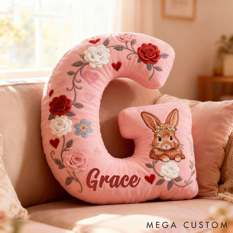 Personalized Girl friend Rose Pink 3D Printed Rabbit Pillow Custom Name Cushion Valentine's Gift for Her Christmas Gift for Flower girl