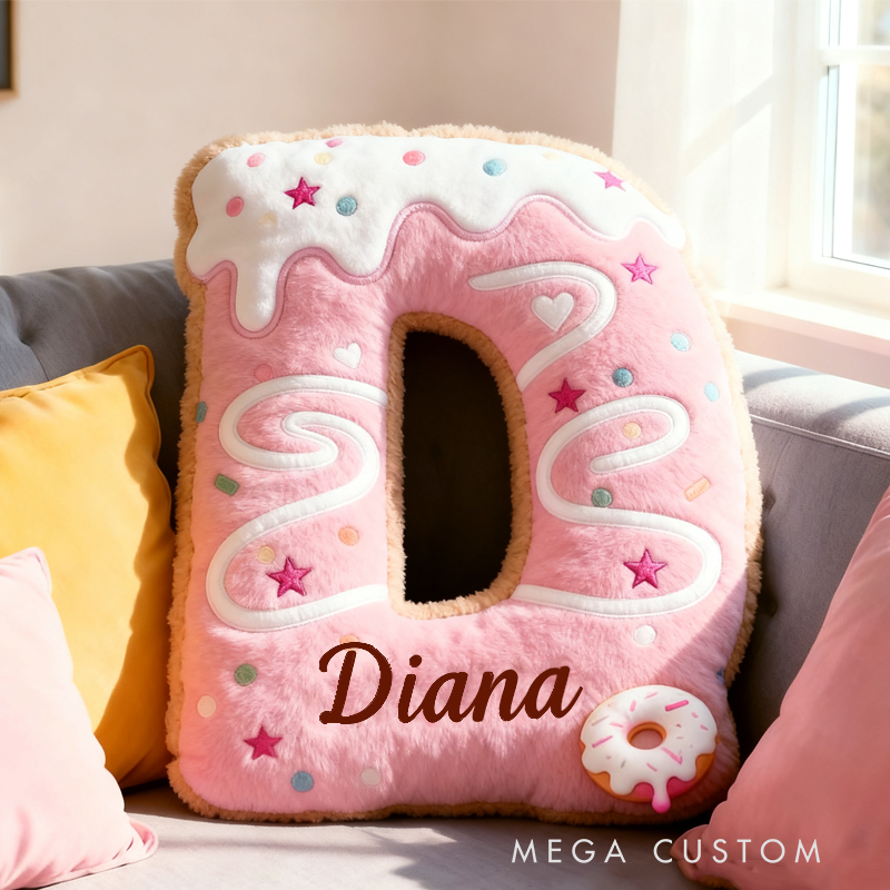 Personalized Cute Pink Donuts Initial Name Pillow Christmas Gift for Kids