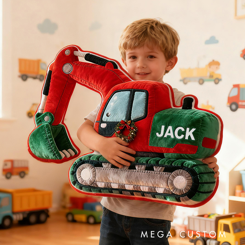 Personalized Excavator Truck Custom Name Soft Decorative Gift Construction Vehicle Style Cozy Bedroom Builder Machine Fun Playtime Boy Room Graphic 3D Print Pillow