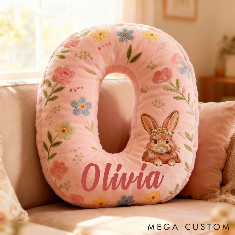 Personalized GirlFriend Flower Floral Rabbit Pink Pillow Custom Name Cushion Valentine's Gift for GirlFriend Christmas Gift for Her for Flower Girl