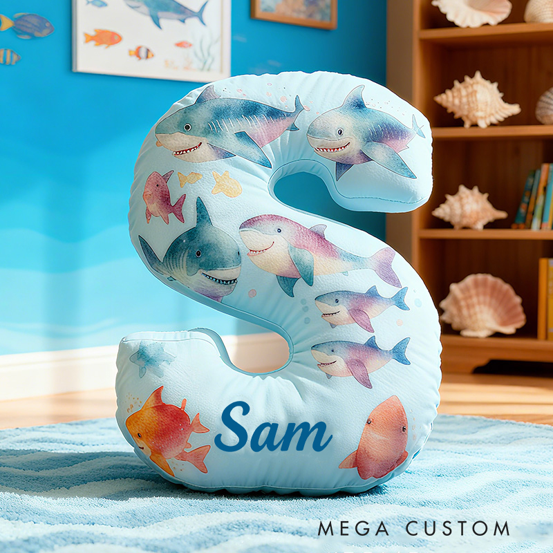 Personalized Shark Letter Initial Custom Name Soft Decorative Gift Fun Kids Room Sea Life Alphabet Shape  Graphic 3D Print Pillow