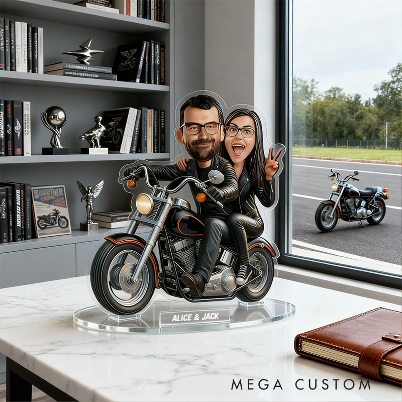 Personalized Cartoon Motorcycle Couple Acrylic Figurine Custom Cartoon Portrait Gift for Biker Lovers or Anniversary