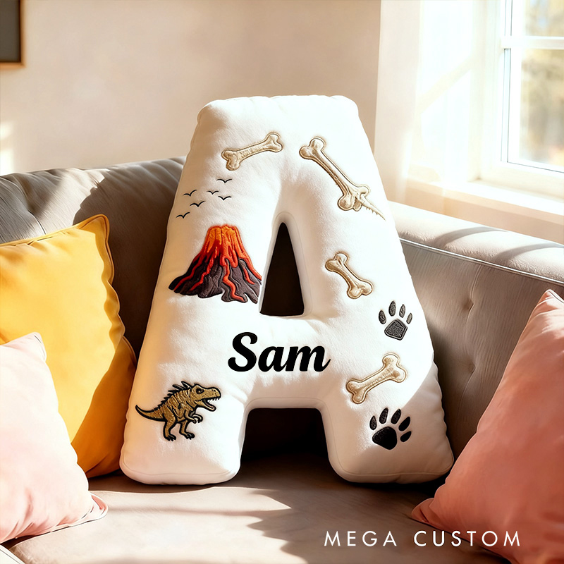 Personalized Volcano Letter Name Custom Kids Gift Dinosaur Bones Lava Adventure Fun Soft Decorative Graphic 3D Print Pillow