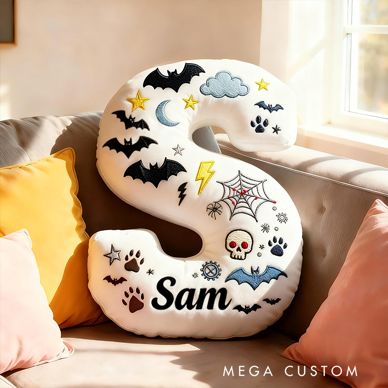 Personalized Bat Custom Name Soft Decorative Gift Spooky Night Style Cozy Bedroom Moon Star Ghost Fun Cute Boy Room Black White Magic Vibe Graphic 3D Print Pillow
