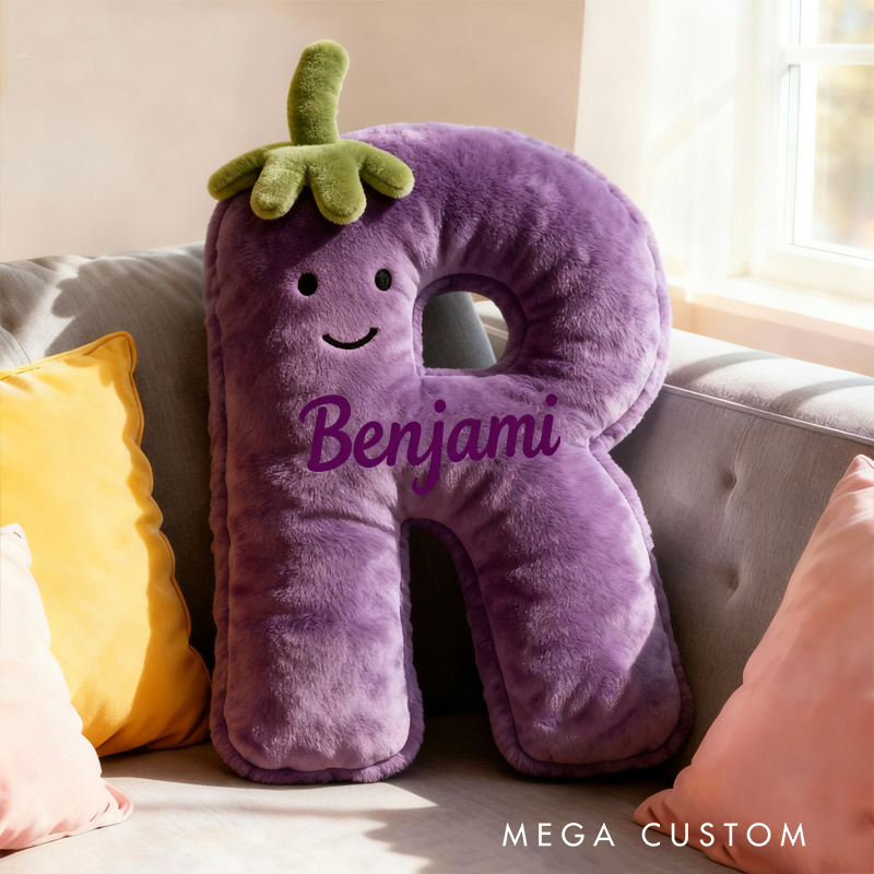Personalized Eggplant Letter Name Custom Kids Gift Funny Purple Vegetable Soft Cute Decorative Graphic 3D Print Pillow Funny Gift for Kids Family
