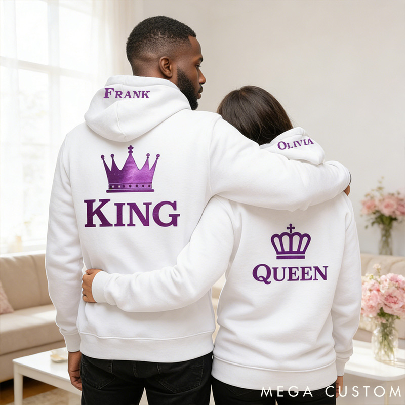 Personalized Couple Purple King and Queen with Crown Matching Hoodie Custom Couple Sweatshirt with Name Anniversary Gift Valentine's Day Gift