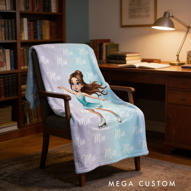 Personalized Figure Skating Cartoon Character Soft Throw Blanket with Your Name Daily Training Match Day Team Gift for Figure Skaters and Coaches