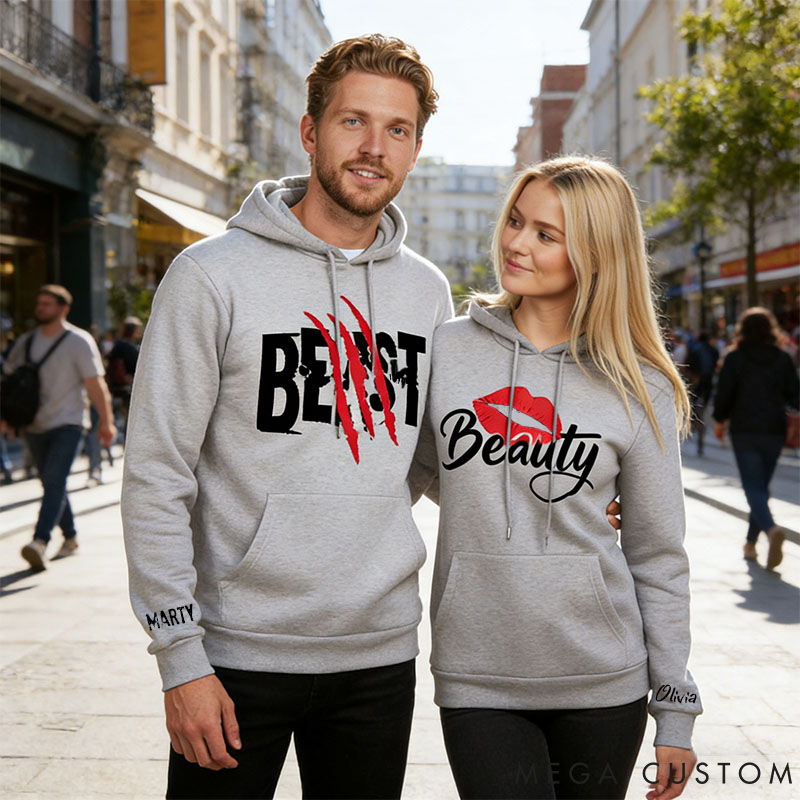 Personalized Couple Beast with Claw and Beauty with Kiss Matching Hoodie Custom Couple Sweatshirt with Name Anniversary Gift Valentine's Day Gift