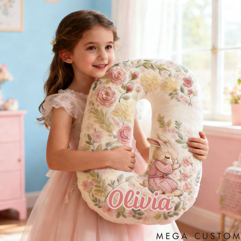 Personalized Girl friend Pink Floral Rabbit Graphic 3D Printed Pillow Custom Flower Girl Name Cushion Valentine's Day Gift Christmas Gift for Her