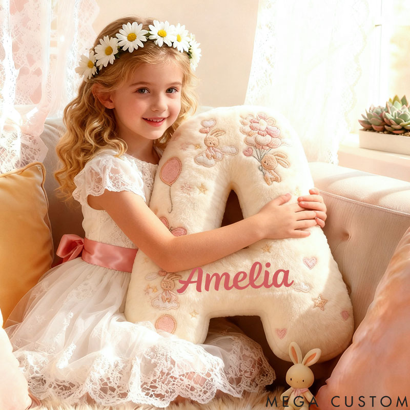 Personalized Flower Girl Graphic 3D Print Rabbit Heart Balloon 26 Letter Pillow Custom Girl Name Cushion Wedding Gift for Girl Christmas Gift for Her