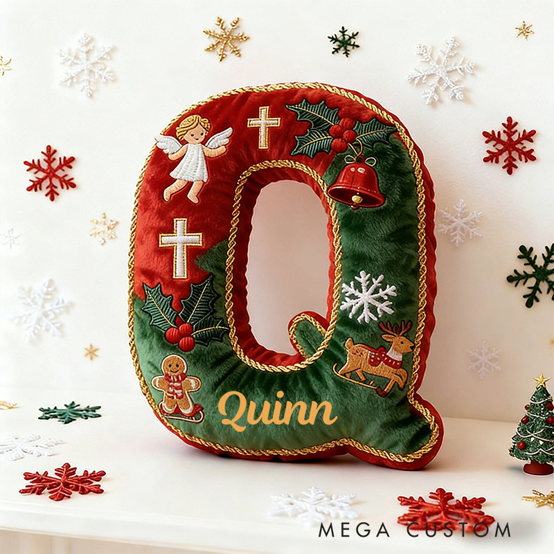 Personalized Christmas Letter Pillow with Custom Name Christmas Tree Angel Cross Bell Reindeer Festive Home Decor Graphic 3D Print Christian Gift