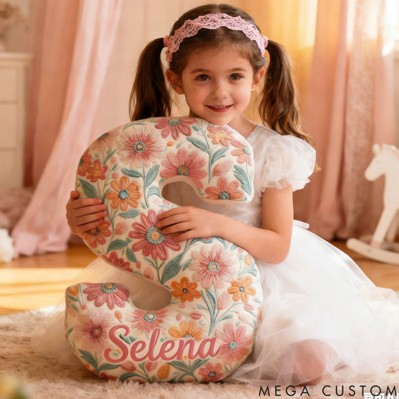 Personalized Flower Girl Pink Vibrant Floral 26 Letters Pillow Custom Girl friend Graphic 3D Printed Cushion Christmas Valentine's Day Gift for Her