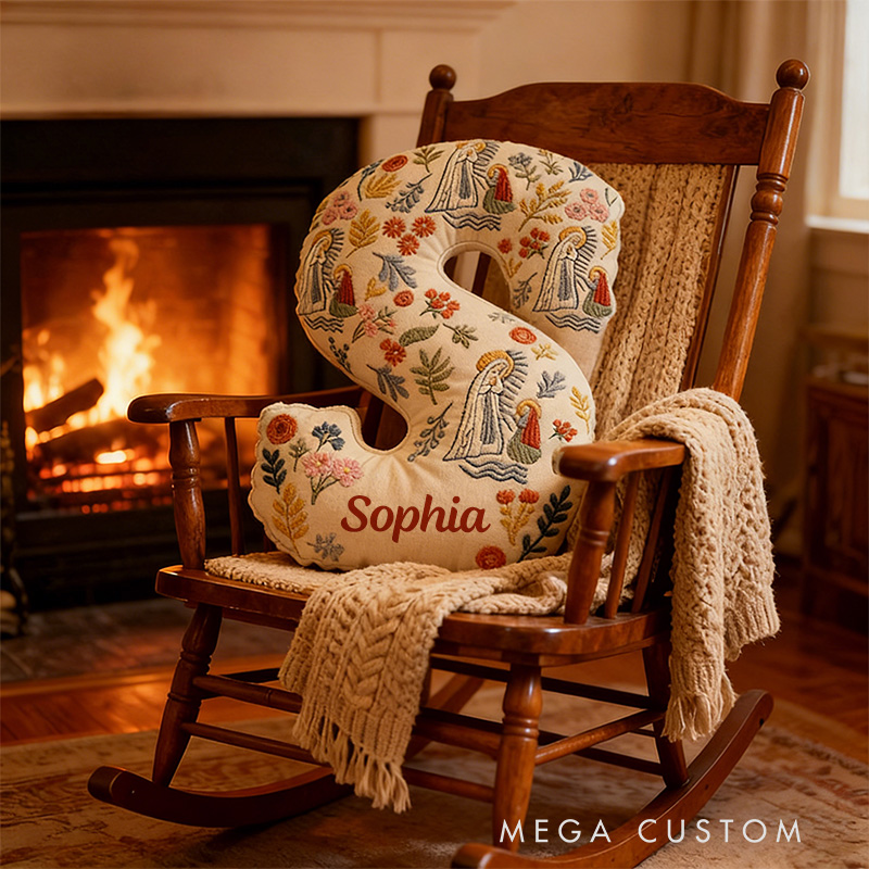 Personalized Our Lady of Lourdes Floral Graphic 3D Print Letter Pillow with Custom Name Religious Home Decor Catholic Gift for Women