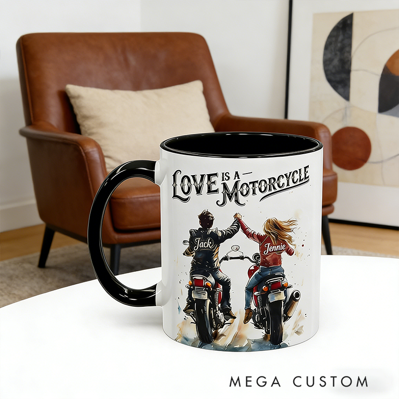 Personalized Love is a Motorcycle Mug Custom Name Biker Couple Coffee Cup Watercolor Romantic Gift for Motorcycle Lovers