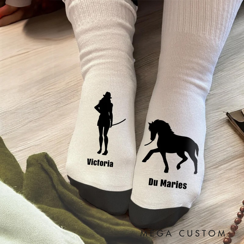 Personalized Horse Riding Socks Horse and Owner Silhouette Soft Midcalf Socks Custom Gift for Friend or Birthday Gifts for Rider Equestrian Riding Lovers