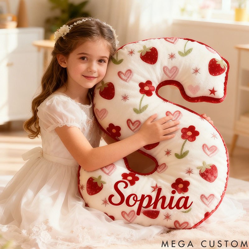 Personalized Flower Girl Floral Strawberry Heart Graphic 3D Printed Pillow Custom Girl friend Name Cushion Valentine's Day Gift Christmas Gift for Her