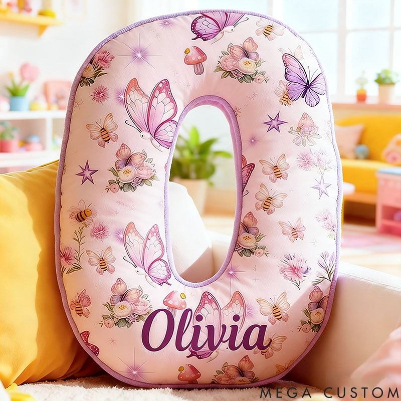 Personalized Flower Girl Purple Floral Butterfly Mushroom 26 Letters Pillow Girl friend Name Graphic 3D Printed Cushion Valentine's Day Gift for Her