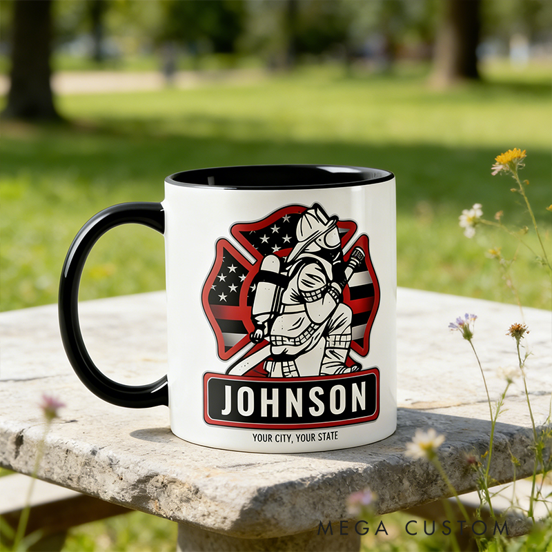 Personalized Firefighter Coffee Mug Custom Name and State Fire Dept Patriotic Flag Mug Gift for Firefighters
