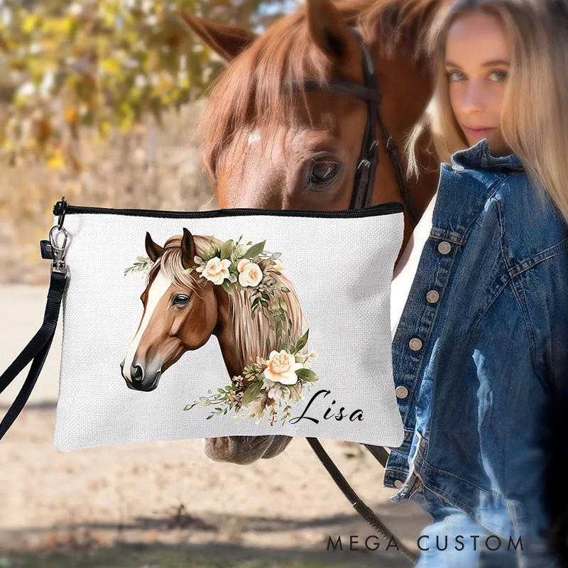 Personalized Watercolor Floral Horse Linen Wristlet Makeup Bag with Name Birthday Gift for Women Riding Lovers