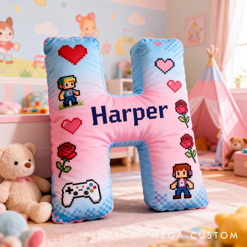 Personalized Game Controller Pixels Letter Pillow with Name Perfect Gift for Gamers and Kids for Valentine's Day Anniversary Confession birthday