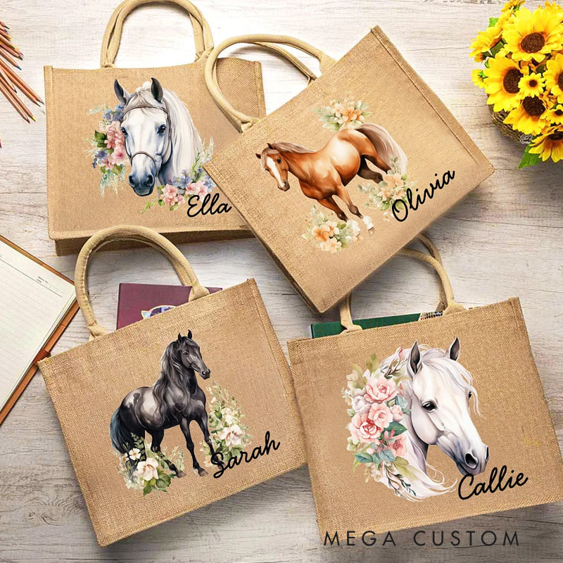 Personalized Floral Horse Reuseable Jute Tote Bag with Name Birthday Christmas Gift for Riding Lovers Equestrian Lovers