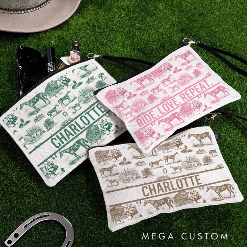 Personalized Equestrian Pattern Linen Makeup Bag with Name Birthday Gift for Women Riding Lovers