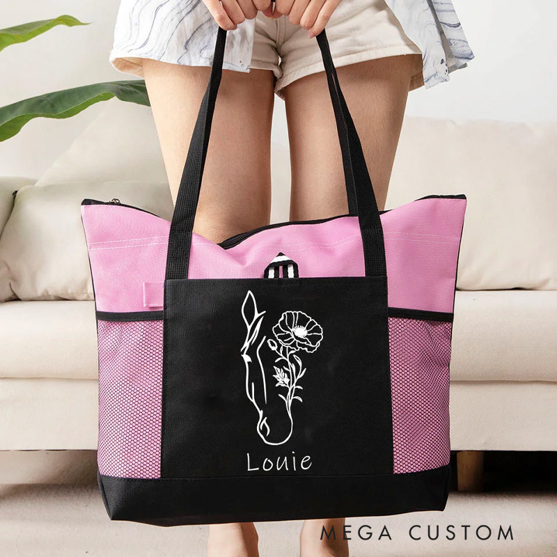 Personalized Horse Birth Flower Oxford Large Tote Bag with Name Travel Essentials Birthday Gift for Riding Lovers