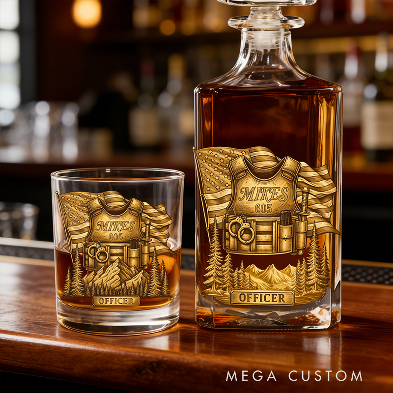 Personalized Police Officer Whiskey Glass and Decanter Set | Custom Name Badge & Gear Design Gift for Law Enforcement