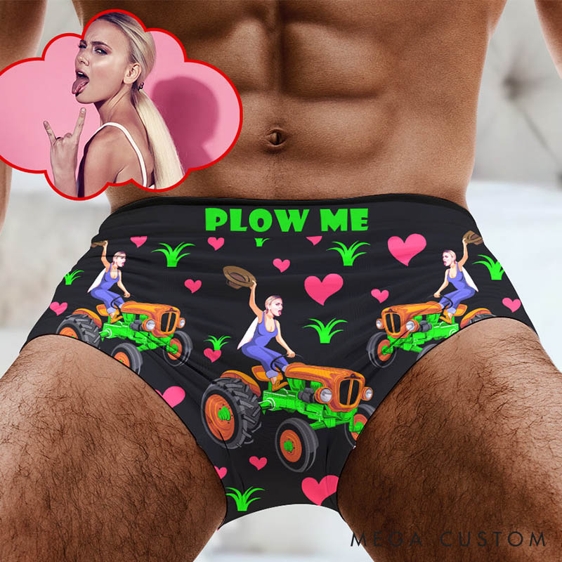 Personalized Girlfriend Wife Face Farmer Men Plow Me Boxer Briefs Men Underwear with Woman Face Photo Valentines Day Gift for Boyfriend Husband