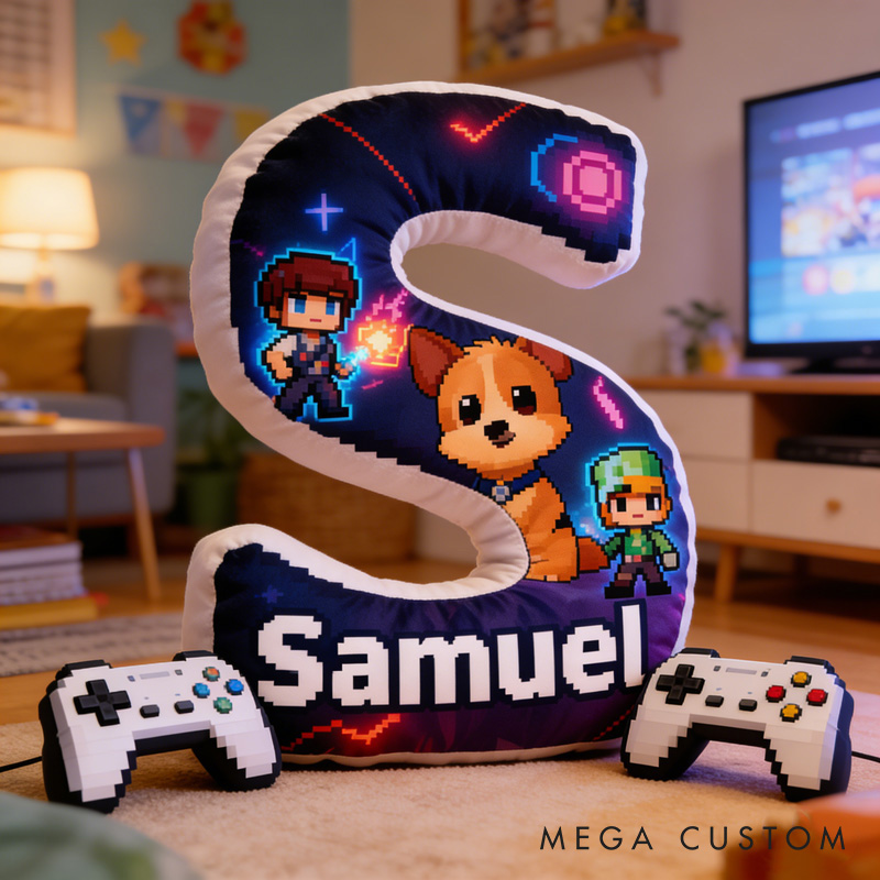 Personalized Game Controller Dog Pixel Letter Pillow with Your Name and Photo Perfect Gift for Gamers and Kids