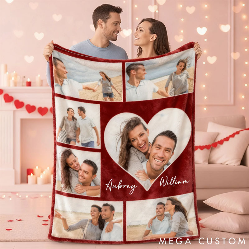 Personalized Heart Couple Photos Soft Throw Blanket Valentine's Day Anniversary Gift for Couple Custom Photo Collage Blanket for Couple