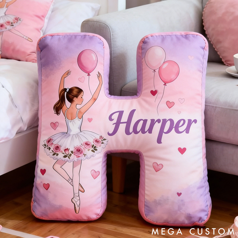Personalized Ballet Dancers Hearts and Balloons Letter Pillow with Name Soft Stuffed Toy for Kids and Lover Unique Decorative Cushion for Girls' Room for Valentine's Day Anniversary