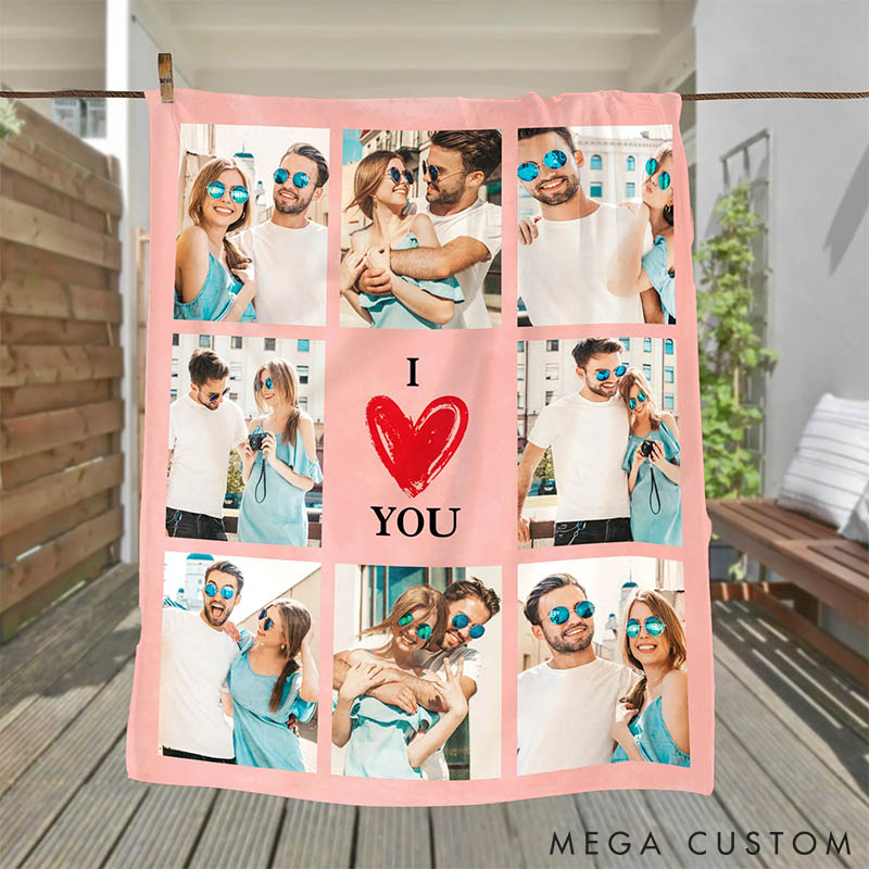 Personalized I Love You Photos Collage Soft Throw Blanket Custom Home Decor Blanket for Couples Valentine's Day Anniversary Gift Blanket