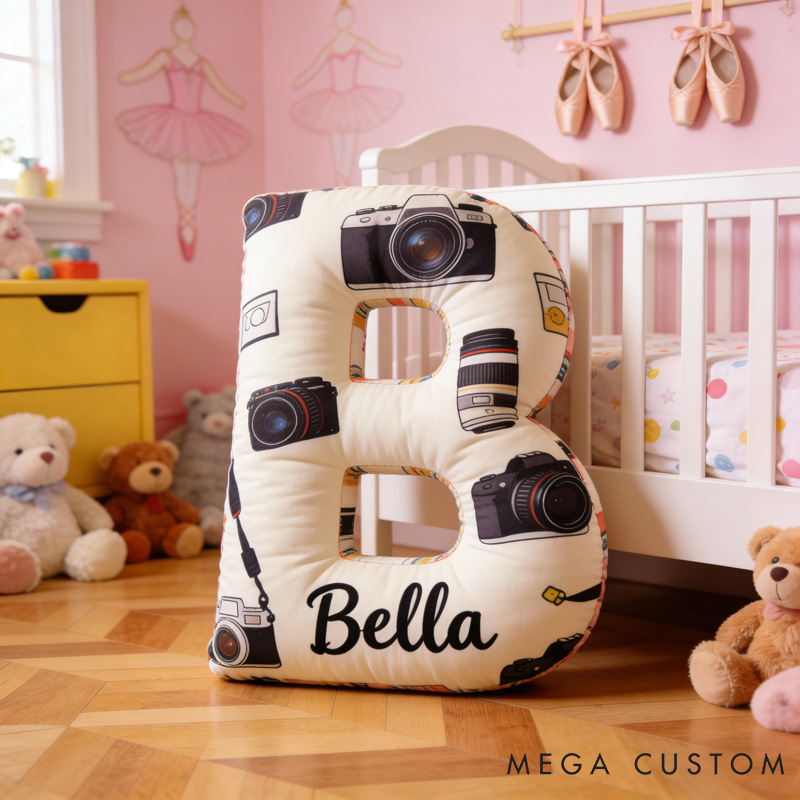 Personalized Camera Letter Pillow with Your Own Name and Initials Soft Stuffed Toy for Kids and Photographers Unique Decorative Cushion for Room and Studio