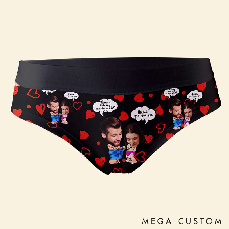 Personalized Couple Face Matching Boxer Brief Men Women Wanna See My Magic Stick Underwear with Couple Face Photo Valentines Day Gift for Him Her