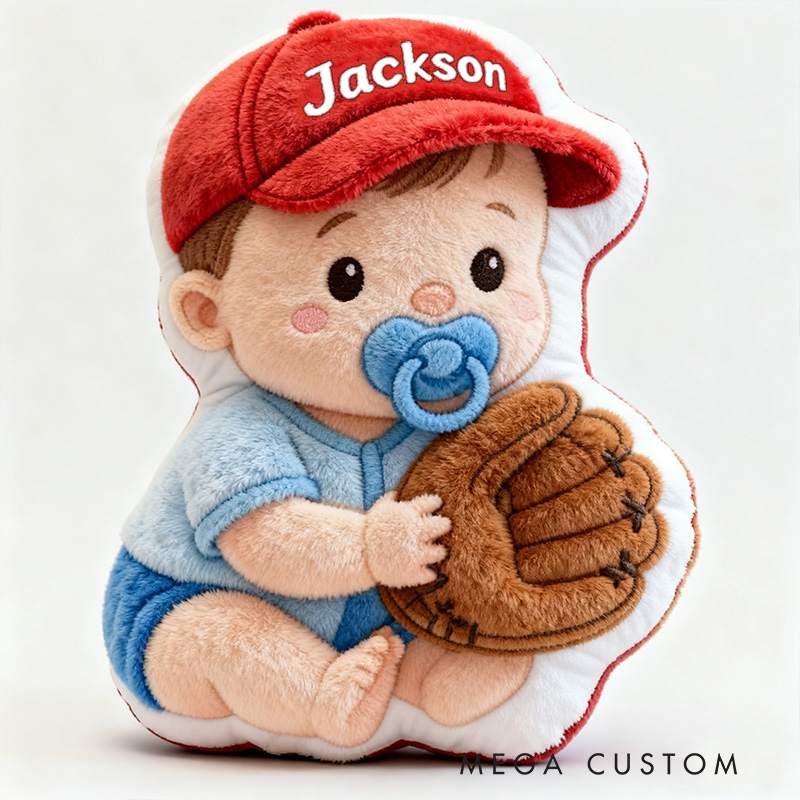 Personalized Baby Boy Name Custom Kids Gift Cute Red Hat Balls Blue Outfit Soft Playful Decorative Graphic 3D Print Pillow