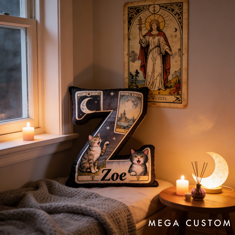 Personalized Magic Cat Tarot Letter Pillow Decorated with Name for Kids Magic Lovers and Pet Lovers