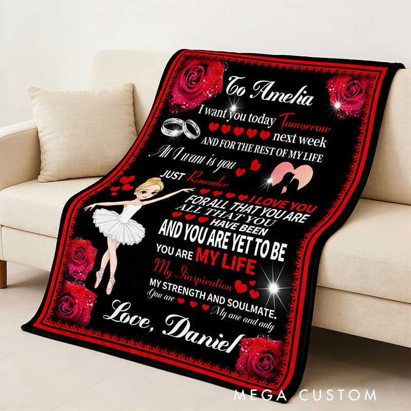 Personalized Rose Heart Cartoon Character Soft Throw Blanket with Name and Photo Valentine's Day Anniversary Gift Gift for Ballet Dancer Family Lover Friends