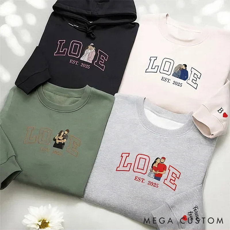 Personalized Couple Embroidered Photo Portrait Matching Sweatshirt Custom Couple Hoodie with Text Anniversary Gift Valentine's Day Gift for Him Her