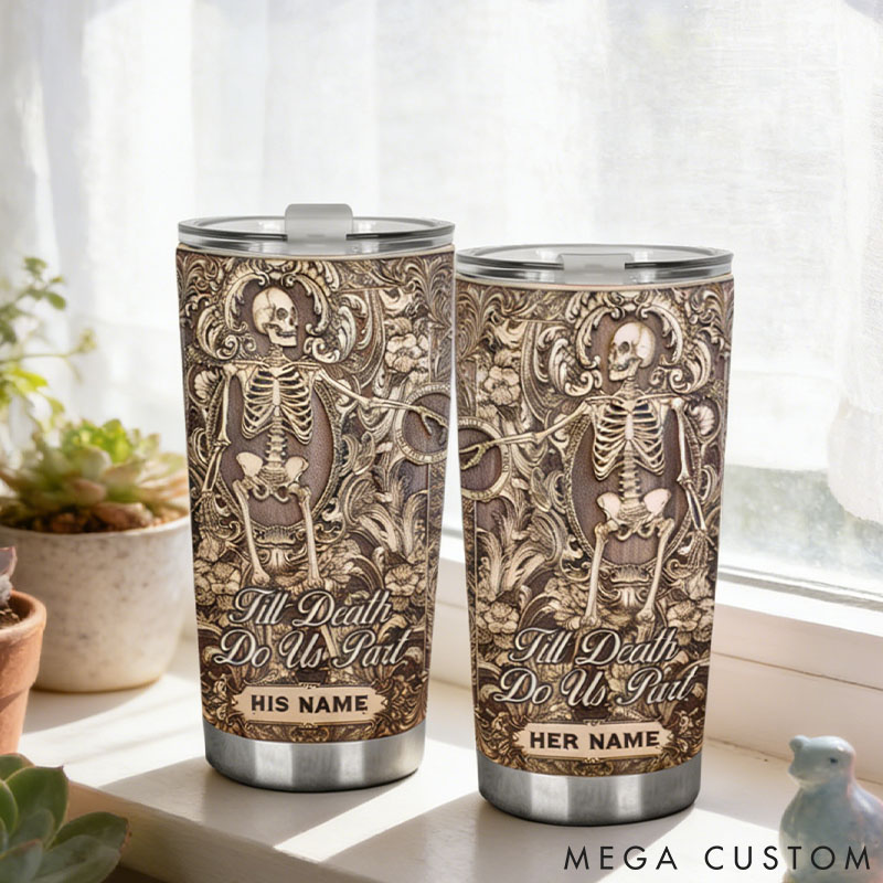 Personalized Till Death Do Us Part Skeleton Couple Tumbler Custom Gothic Couple Tumbler Imitation 3D Print Tumbler for Couple
