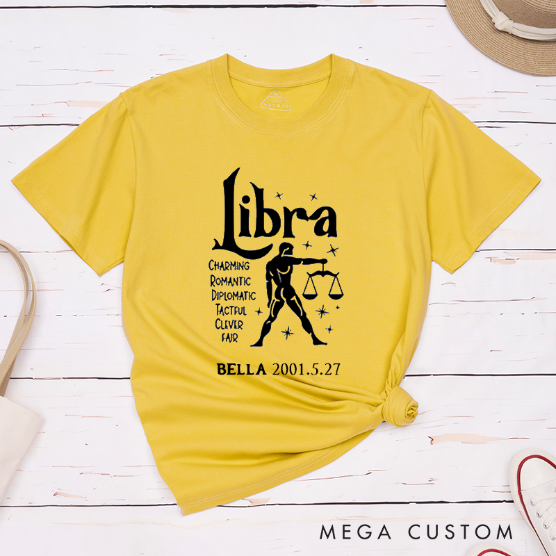 Personalized Libra Zodiac Classic T-Shirt for Women and Men Custom Birthday Gift Horoscope Graphic Unique Astrology Tee
