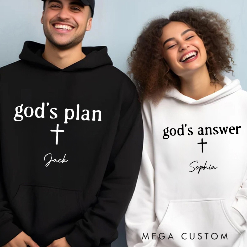 Personalized God's Plan God's Answer Matching Couple Christian Classic Hoodies with Custom Name Religious Gift Valentine Day Gift for Couple