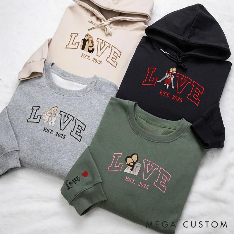 Personalized Couple Embroidered Photo Portrait Matching Sweatshirts Custom Couple LOVE Hoodie with Text Valentine's Day Gift Anniversary Gift